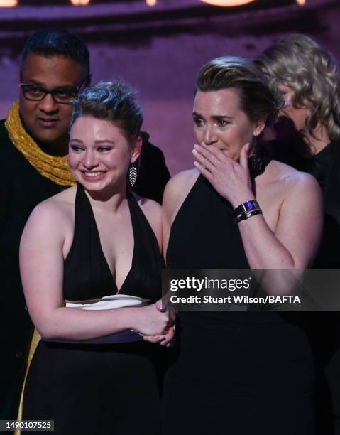 Mia Threapleton and Kate Winslet with the cast and crew accept the award onstage for the Single Drama Award for 'I Am Ruth' at the 2023 BAFTA...