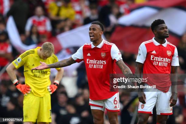 Gabriel and Thomas Partey of Arsenal react during the Premier League match between Arsenal FC and Brighton & Hove Albion at Emirates Stadium on May...