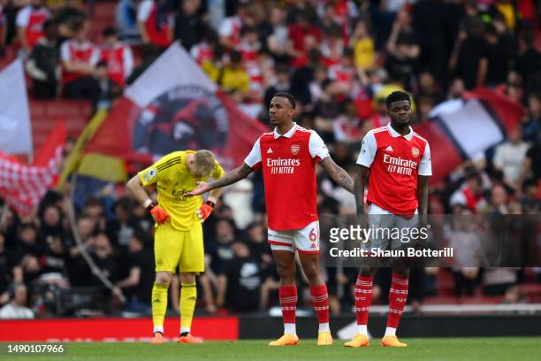 Gabriel and Thomas Partey of Arsenal react during the Premier League match between Arsenal FC and Brighton & Hove Albion at Emirates Stadium on May...