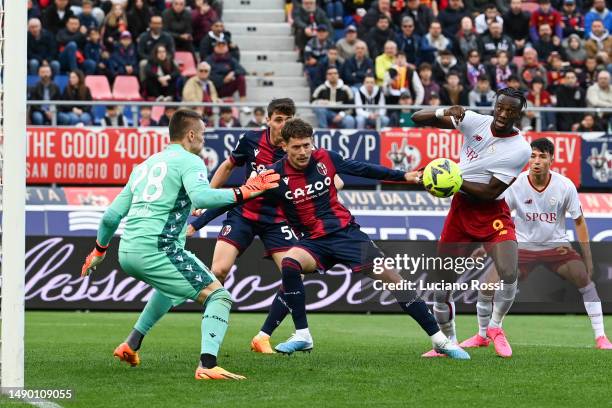 Roma player Tammy Abraham in action during the Serie A match between Bologna FC and AS Roma at Stadio Renato Dall'Ara on May 14, 2023 in Bologna,...