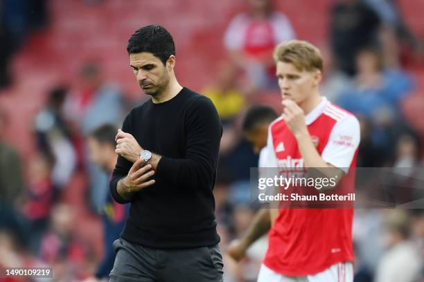 Mikel Arteta, Manager of Arsenal, looks dejected following the team's defeat during the Premier League match between Arsenal FC and Brighton & Hove...