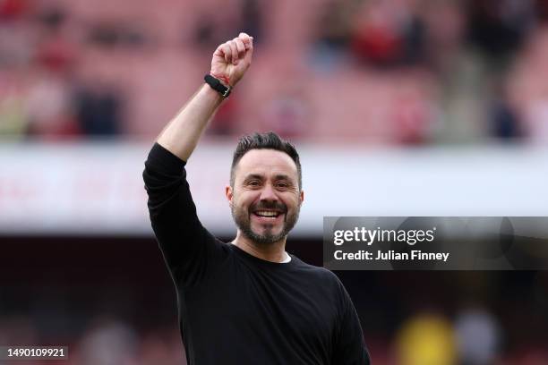 Roberto De Zerbi, Manager of Brighton & Hove Albion, celebrates victory after the Premier League match between Arsenal FC and Brighton & Hove Albion...