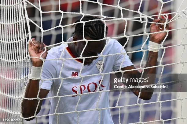 Tammy Abraham of AS Roma reacts during the Serie A match between Bologna FC and AS Roma at Stadio Renato Dall'Ara on May 14, 2023 in Bologna, Italy.