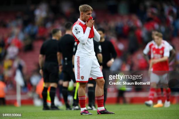 Emile Smith Rowe of Arsenal looks dejected following the team's defeat during the Premier League match between Arsenal FC and Brighton & Hove Albion...