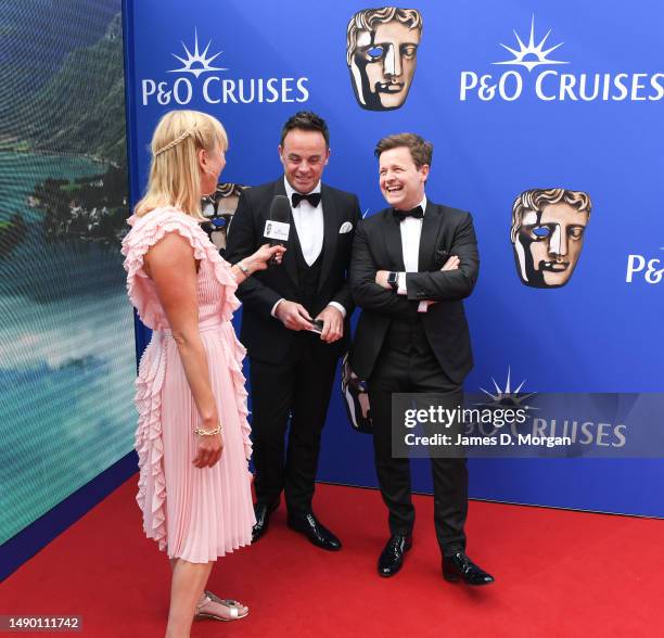 Sara Cox interviews Ant and Dec as they attend the BAFTA Television Awards with P&O Cruises at The Royal Festival Hall on May 14, 2023 in London,...