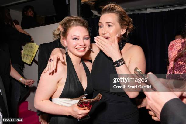 Mia Threapleton and Kate Winslet accept the Single Drama Award for 'I Am Ruth' backstage during the 2023 BAFTA Television Awards with P&O Cruises at...