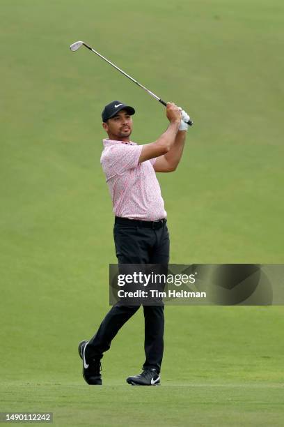 Jason Day of Australia plays his shot on the third hole during the final round of the AT&T Byron Nelson at TPC Craig Ranch on May 14, 2023 in...
