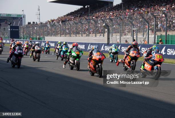 The Moto3 riders start from the grid during the Moto3 race during the MotoGP of France - Race on May 14, 2023 in Le Mans, France.