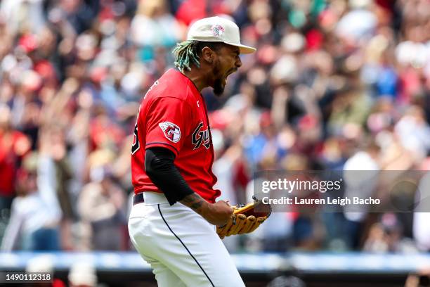 Emmanuel Clase of the Cleveland Guardians celebrates after beating the Los Angeles Angels 4-3 at Progressive Field on May 14, 2023 in Cleveland, Ohio.