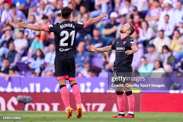 Papu Gomez of Sevilla FC celebrates after scoring his team's second goal during the LaLiga Santander match between Real Valladolid CF and Sevilla FC...