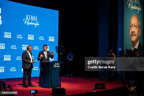 Istanbul Mayor Ekrem Imamoglu and Ankara and Mayor Mansur Yavas speak to media at the Republican People's Party headquarters on May 14, 2023 in...