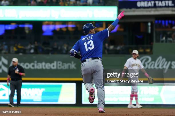 Salvador Perez of the Kansas City Royals celebrates a home run against the Milwaukee Brewers during the first inning at American Family Field on May...