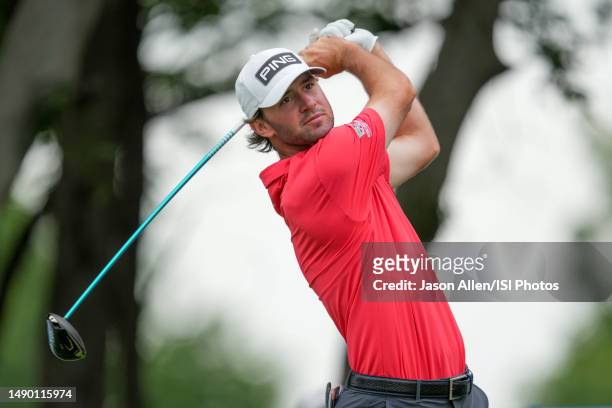 Austin Eckroat of the United States hits his drive on hole during the Final Round of the AT&T Byron Nelson at TPC Craig Ranch on May 14, 2023 in...