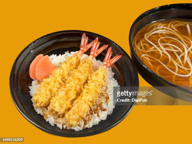 ebi tempura donburi and buckwheat soba noodle isolated against background - tempura stock-fotos und bilder