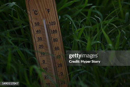 Weather thermometer in green grass. The concept of weather forecasting. Outdoor and indoor thermometer with Fahrenheit and Celsius graduations Weather thermometer in green grass. The concept of weather forecasting. Outdoor and indoor thermometer with Fahrenheit and Celsius graduations