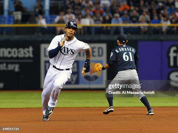 Outfielder Desmond Jennings of the Tampa Bay Rays runs for home plate against the Seattle Mariners July 21, 2012 at Tropicana Field in St....