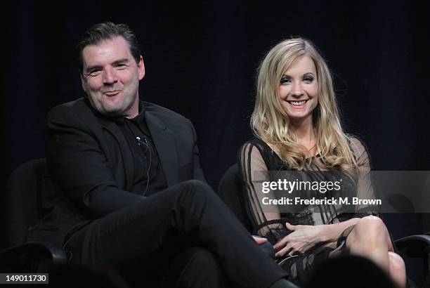 Actors Brendan Coyle and Joann Froggatt speak onstage at the Masterpiece Classic "Downton Abbey, Season 3" panel during day 1 of the PBS portion of...