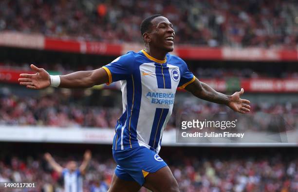 Pervis Estupinan of Brighton & Hove Albion celebrates scoring the team's third goal during the Premier League match between Arsenal FC and Brighton &...