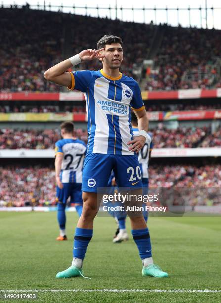 Julio Enciso of Brighton & Hove Albion celebrates after scoring the team's first goal during the Premier League match between Arsenal FC and Brighton...