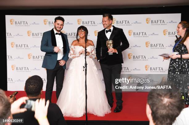 Wilfred Webster, Amanda Lovett and Mike Cotton attend a press conference after receiving the P&O Cruises Memorable Moment Award and the Reality &...