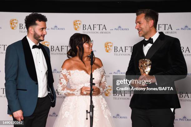 Wilfred Webster, Amanda Lovett and Mike Cotton attend a press conference after receiving the P&O Cruises Memorable Moment Award and the Reality &...