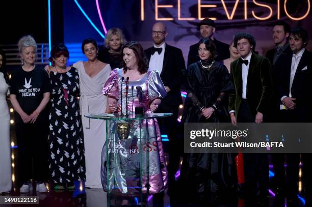 Lisa McGee and the cast and crew of 'Derry Girls' accept the Scripted Comedy Award at the 2023 BAFTA Television Awards with P&O Cruises, held at the...