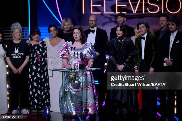 Lisa McGee and the cast and crew of 'Derry Girls' accept the Scripted Comedy Award at the 2023 BAFTA Television Awards with P&O Cruises, held at the...