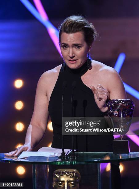 Kate Winslet accepts the Leading Actress Award for her performance in 'I Am Ruth' at the 2023 BAFTA Television Awards with P&O Cruises, held at the...