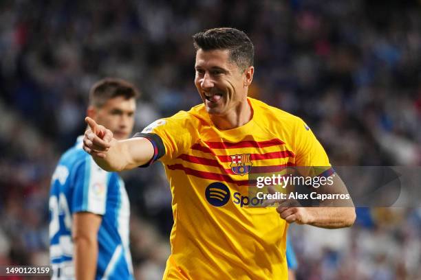 Robert Lewandowski of FC Barcelona celebrates after scoring the team's first goal during the LaLiga Santander match between RCD Espanyol and FC...