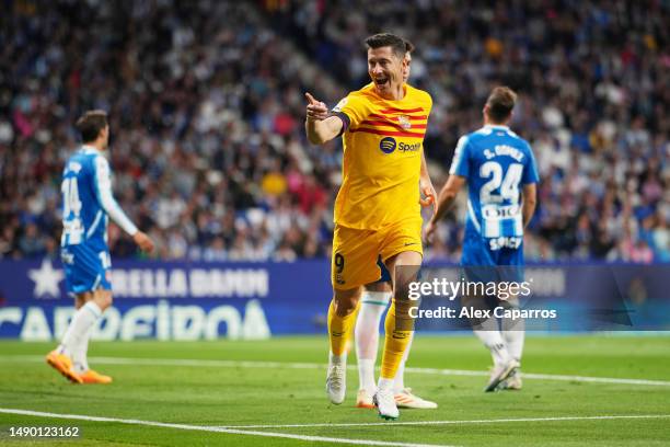 Robert Lewandowski of FC Barcelona celebrates after scoring the team's first goal during the LaLiga Santander match between RCD Espanyol and FC...