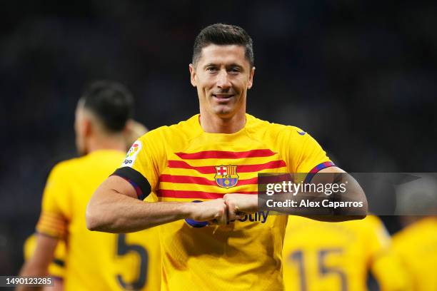 Robert Lewandowski of FC Barcelona celebrates after scoring the team's first goal during the LaLiga Santander match between RCD Espanyol and FC...