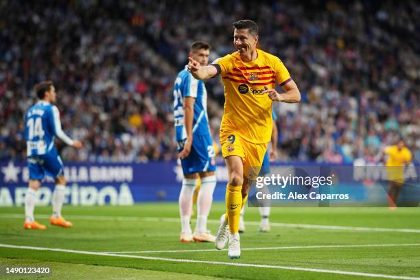 Robert Lewandowski of FC Barcelona celebrates after scoring the team's first goal during the LaLiga Santander match between RCD Espanyol and FC...