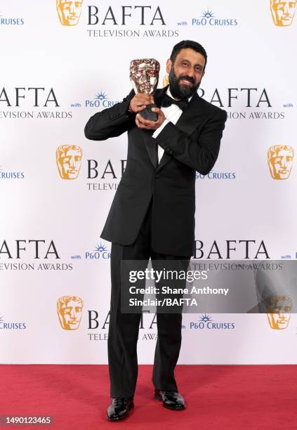 Adeel Akhtar with the award for the Supporting Actor Award for his performance in 'Sherwood' during the 2023 BAFTA Television Awards with P&O Cruises...