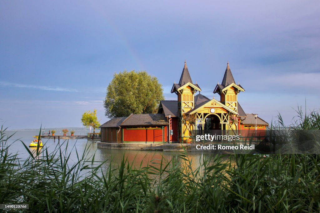 Front view from the "Island spa" in Keszthely with rainbow