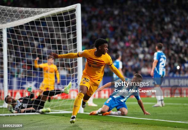 Alejandro Balde of FC Barcelona celebrates after scoring the team's second goal during the LaLiga Santander match between RCD Espanyol and FC...