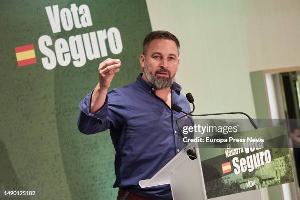 The secretary general of Vox, Santiago Abascal, participates in a Vox campaign event at the Hotel Iruña Park, on 14 May, 2023 in Pamplona, Navarra,...