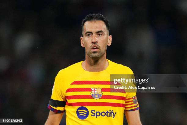 Sergio Busquets of FC Barcelona looks on during the LaLiga Santander match between RCD Espanyol and FC Barcelona at RCDE Stadium on May 14, 2023 in...