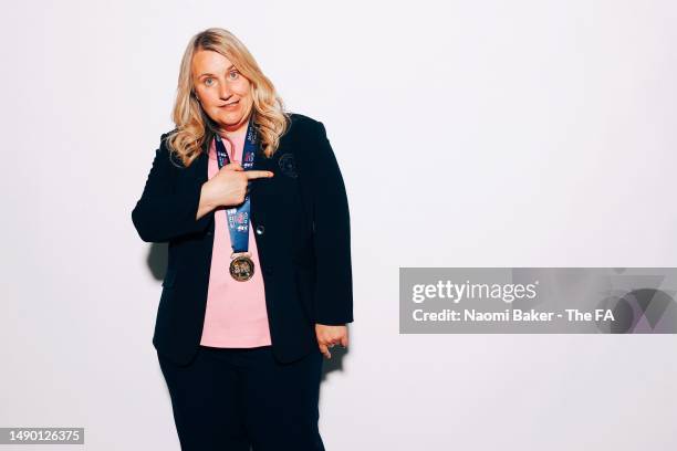 Manager of Chelsea, Emma Hayes, poses with the medal following her sides victory during the Vitality Women's FA Cup Final match between Chelsea and...