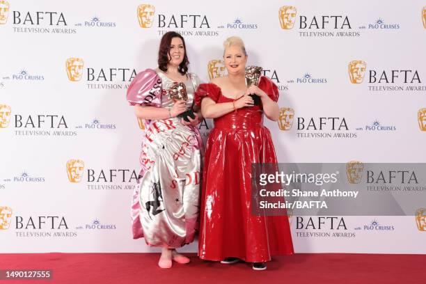 Lisa McGee and Siobhán McSweeney pose in the Winner's Room after receiving the Scripted Comedy Award for 'Derry Girls' at the 2023 BAFTA Television...