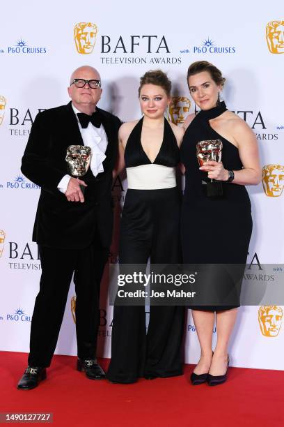Dominic Savage, Mia Threapleton and Kate Winslet with the Single Drama Award for 'I Am Ruth' during the 2023 BAFTA Television Awards with P&O Cruises...
