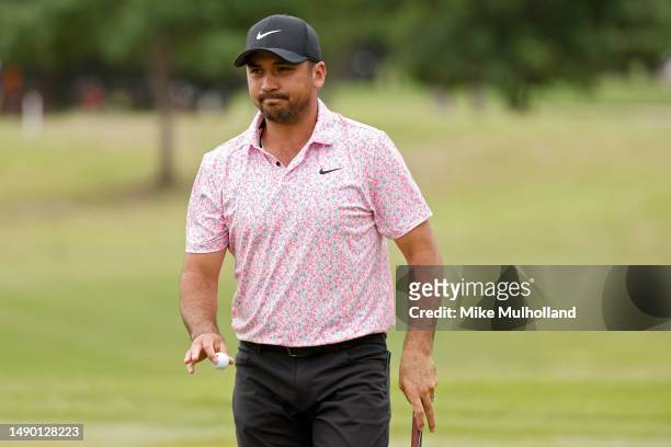 Jason Day of Australia reacts after making birdie on the 10th green during the final round of the AT&T Byron Nelson at TPC Craig Ranch on May 14,...