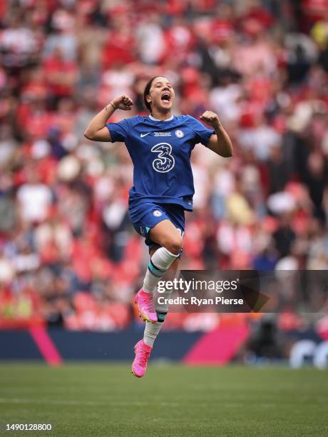 Sam Kerr of Chelsea celebrates the team's victory on the final whistle during the Vitality Women's FA Cup Final between Chelsea FC and Manchester...