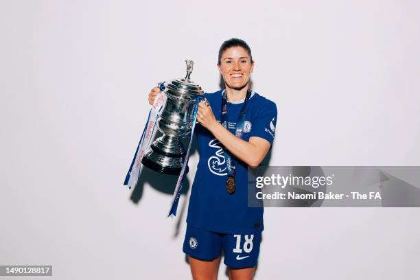Maren Mjelde of Chelsea pose with the trophy following their sides victory during the Vitality Women's FA Cup Final match between Chelsea and...