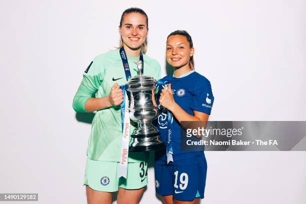 Emily Orman and Johanna Rytting Kaneryd of Chelsea poses with the trophy following her sides victory during the Vitality Women's FA Cup Final match...