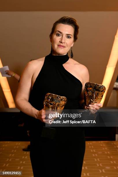 Kate Winslet poses backstage with the award for Leading Actress for 'I Am Ruth' during the 2023 BAFTA Television Awards with P&O Cruises at The Royal...