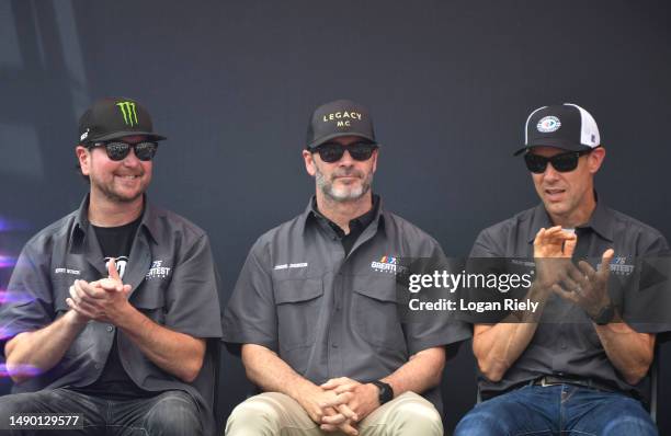 Former NASCAR Cup Series drivers Kurt Busch, Jimmie Johnson and NASCAR Hall of Famer, Matt Kenseth attend NASCAR's 75 Greatest Drivers introduction...