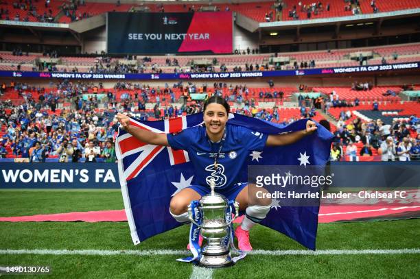 Sam Kerr of Chelsea celebrates with the Vitality Women's FA Cup trophy following her victory in the Vitality Women's FA Cup Final between Chelsea FC...