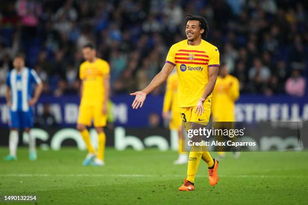 Jules Kounde of FC Barcelona celebrates after scoring the team's fourth goal during the LaLiga Santander match between RCD Espanyol and FC Barcelona...