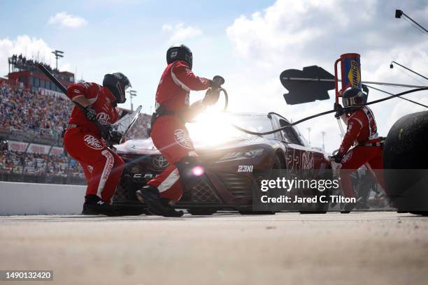 Bubba Wallace, driver of the Dr Pepper Toyota, pits during the NASCAR Cup Series Goodyear 400 at Darlington Raceway on May 14, 2023 in Darlington,...