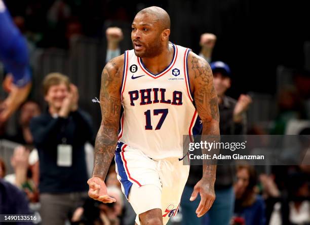 Tucker of the Philadelphia 76ers celebrates a basket against the Boston Celtics during the first quarter in game seven of the 2023 NBA Playoffs...